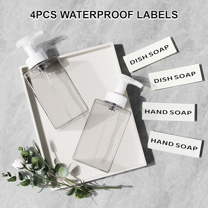 Foaming Soap Dispenser for Bathroom & Kitchen 15 Oz, Refillable Foam Hand Soap Dispenser for Liquid Soap, 2Pcs Foam Pump Bottle with Waterproof Labels, Clear