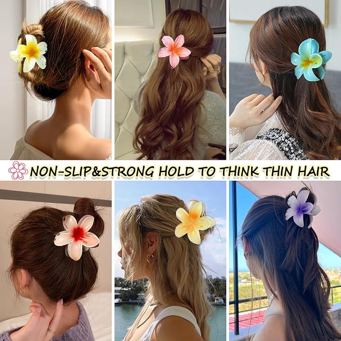 Flower Hair Claw Clips for Women, 6 Pack Hawaiian Flower Hair Clips, Plumeria Claw Clips for Thick Thin Hair, Large Strong Hold Nonslip Hawai Hair Accessories for Women Girls Gifts (Hawaiian-6 Colors)