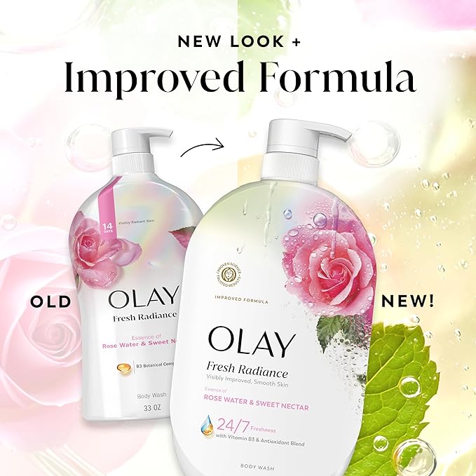 Olay Body Wash for Women, Fresh Radiance, 24/7 Skin-Loving Freshness, Visibly Radiant, Plant Based Cleansers, Vitamin B3 & Antioxidant Blend, All Skin Types, Rose Water & Sweet Nectar Scent, 35 fl oz