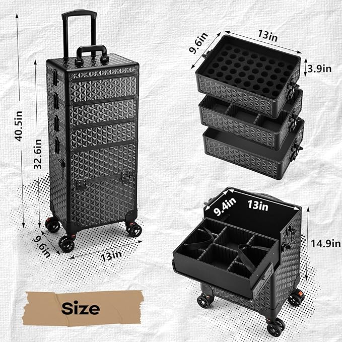 5 in 1 Makeup Train Case, Cosmetology Case on Wheels Travel Make up Case Rolling Nail Cart Makeup Organizer Cosmetic Storage Box Cases Extra Large Trolley Truck with 360° Swivel Wheels, Black