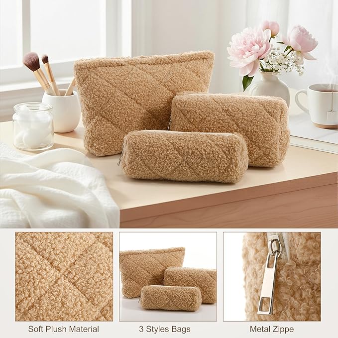 Paterr 3 Pcs Quilted Makeup Bag Set Small Bridesmaid Cosmetic Bag Aesthetic Travel Toiletry Pouch Cute Purse Pencil Case Makeup Storage Organizer for Women Birthday Gifts(Fuzzy,Khaki)