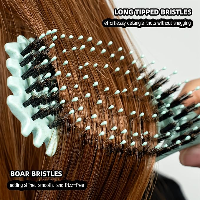 Curl Defining Brush, Boar Bristle Detangling Hair Brush for Women Girls Thick Curly Wavy Hair Wet Dry Use, Fast Blow Drying Vented Styling Hairbrush, Smoothing Hair No Tangle (Turquoise)