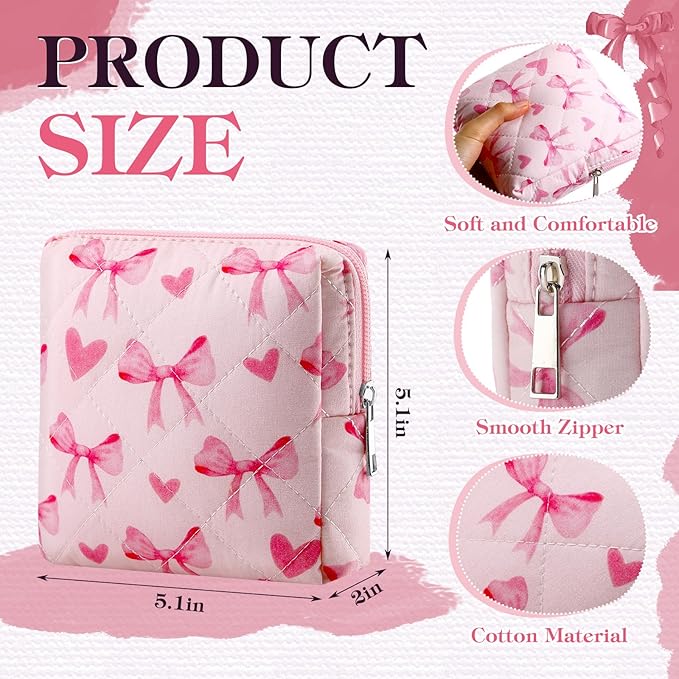 Paterr 4 Pcs Mini Quilted Floral Makeup Bag Women Gifts Small Cosmetic Bag Floral Quilted Makeup Pouch with Zipper Cute Travel Toiletry for Mom Teacher Women Girls Gifts(Coquette Bow)