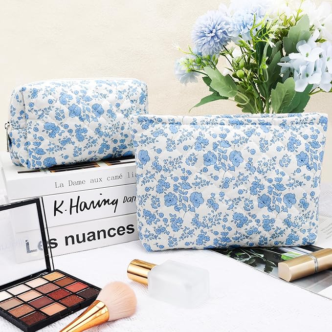 2Pcs Small Makeup Bag Quilted Cosmetic Bag Flower Pencil Case Travel Makeup Bag Set for Women Cute Cosmetic Pouch Aesthetic Cotton Toiletry Organizer Storage Bags Puffy Zipper Pouch Christmas Gifts A