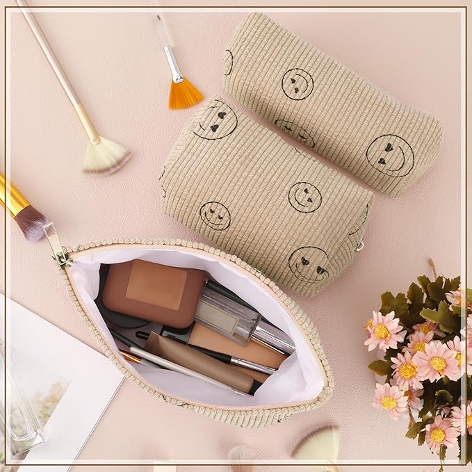 3 Pcs Makeup Bag Set for Women Corduroy Cosmetic Pouch Aesthetic Smile Travel Toiletry Bag Cute Purse Pouch Pencil Case Makeup Brushes Storage Organizer with Zipper(Khaki,Smile Face)