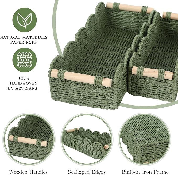 Paper Rope Storage Basket Set of 2 with Wooden Handles - Scalloped Toilet Paper Organizer, Cute & Functional Home Decor for Bathroom or Living Room (Green)