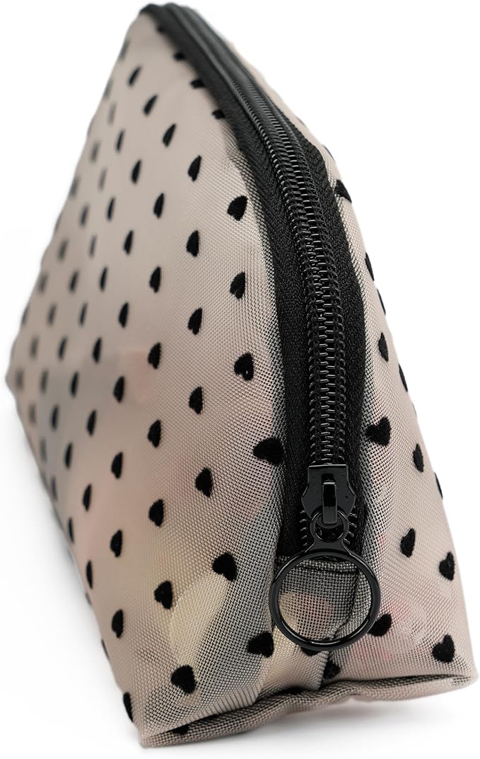 Portable Mesh Makeup Bag with Zipper Small Travel Toiletry Bag Lightweight Cosmetic Pouch (Beige&Black Heart Half Round)