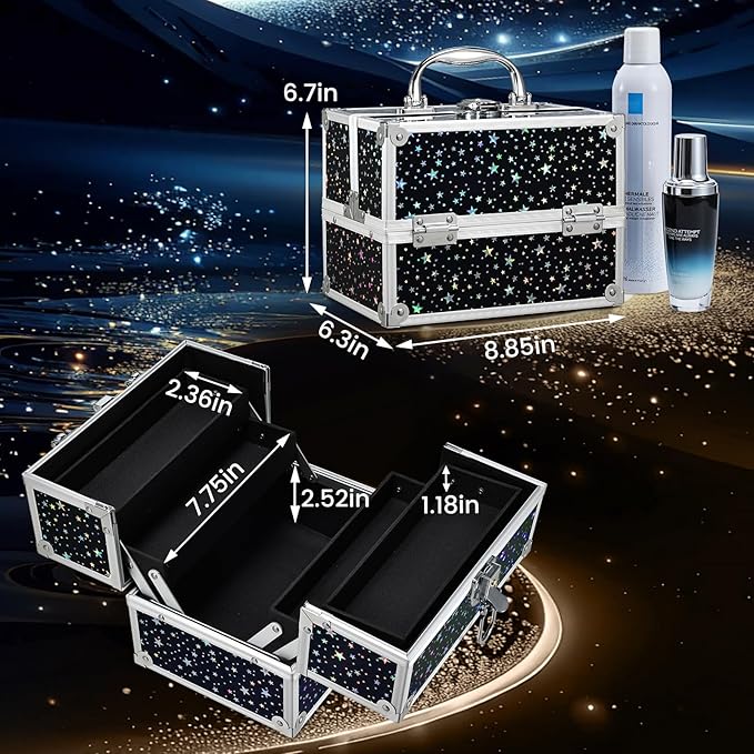 FRENESSA Makeup Train Case 8.85 Inch Portable Makeup Case Organizer Cosmetic Box Make Up Box Makeup Organizer Cosmetic Storage Cases with Locking Nail Kit Organizer Small Travel Case Shiny Star