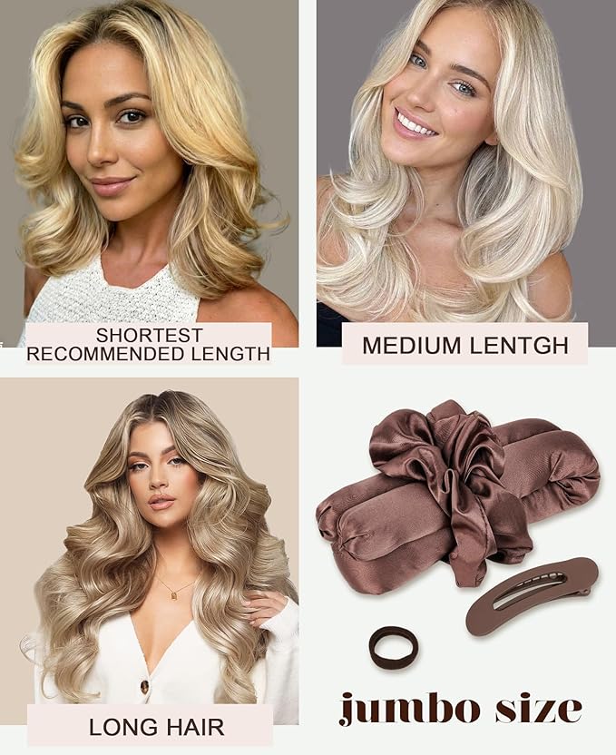 Jumbo Heatless Curls Overnight Hair Curler to Sleep In Soft Large Hair Rollers for Long Hair Blowout Look No Heat Overnight Curls, Satin Flexi Rods for Big Curl Heatless Curling Rod Set with Clip