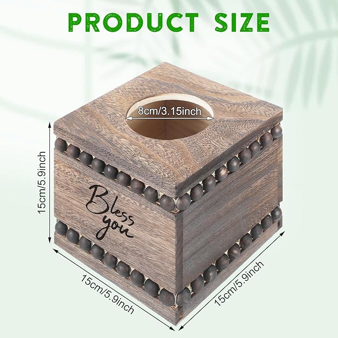 Bless You Beaded Square Tissue Box Cover, Rustic Farmhouse Vintage Wooden Tissue Holder Box Distressed Napkin Holder for Table Bathroom Decor (Brown)