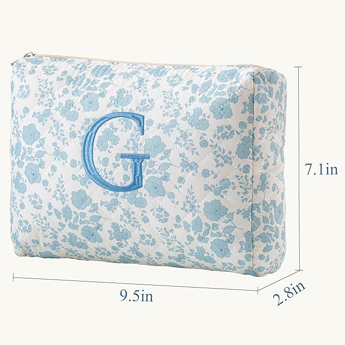 HBselect Initial Quilted Makeup Bag, Cotton Large Travel Makeup Bag, Cute Floral Coquette Make up Bag Cosmetic Bag Toiletry Bag for Women Girls G