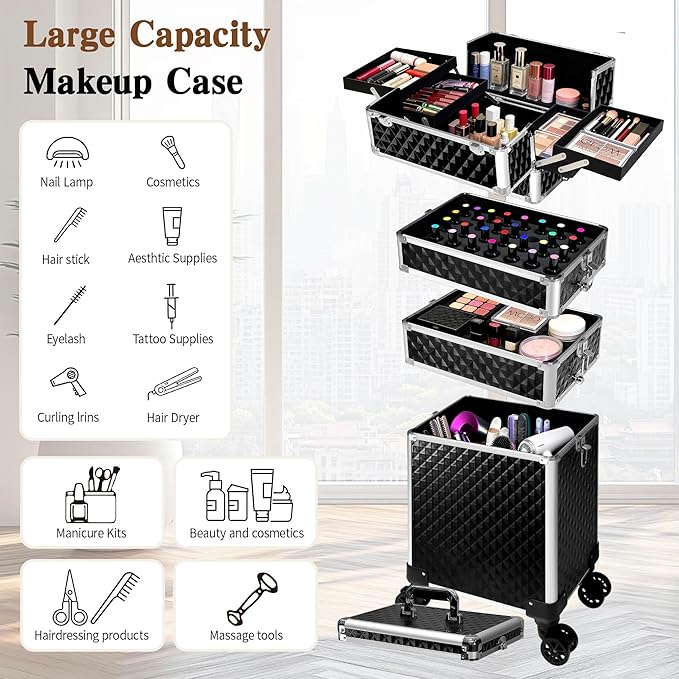 5 in 1 Rolling Makeup Train Case Professional Cosmetic Trolley Large Storage Organizer on Wheels for Hairstylist Artist Nail Beauty Salon Barber Black