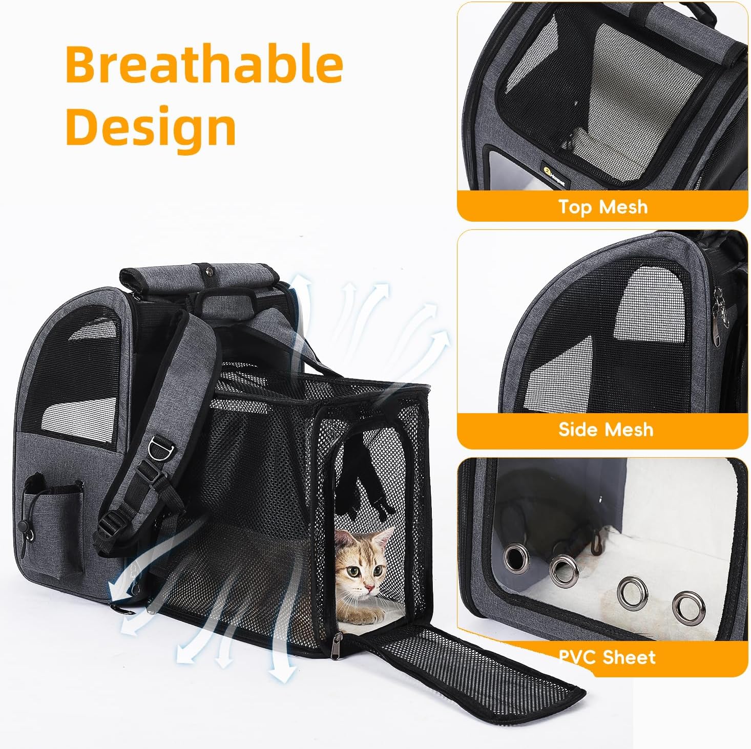 Hoopet Expandable Cat Backpack Carrier – Breathable Pet Carrier for Small Cats & Dogs, Foldable Travel Backpack with Mesh Ventilation for Hiking, Walking, Camping, Dark Grey
