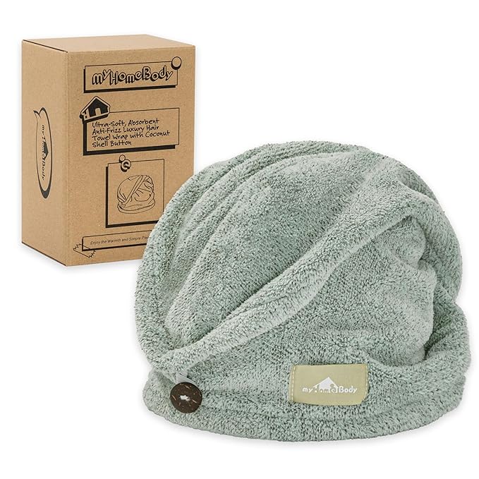 myHomeBody Hair Towel Wrap, Luxury Quick Drying Turban, Ultra Soft Absorbent Charcoal Fiber Cap, with Coconut Shell Button – Pine Green