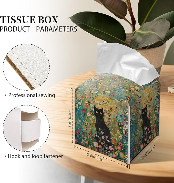Grace Yonks Cute Tissue Box Cover Square - Black Cat in Whimsical Flower Garden Print Design 5.2" PU Leather Holder for Vanity, Desk, or Bathroom Counter - Cube Case for Facial Tissues(025)