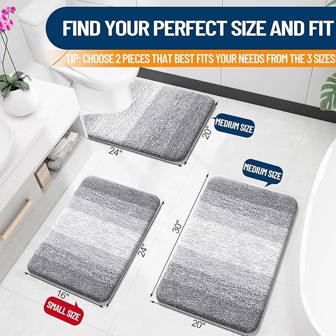 OLANLY Bathroom Rug Set 2 Piece, Soft Absorbent Microfiber Bath Mats and U-Shaped Contour Toilet Rug, Non-Slip, Machine Wash Dry, Plush Shaggy Bath Mats for Bathroom (30"x20"+24"x20", Light Grey)