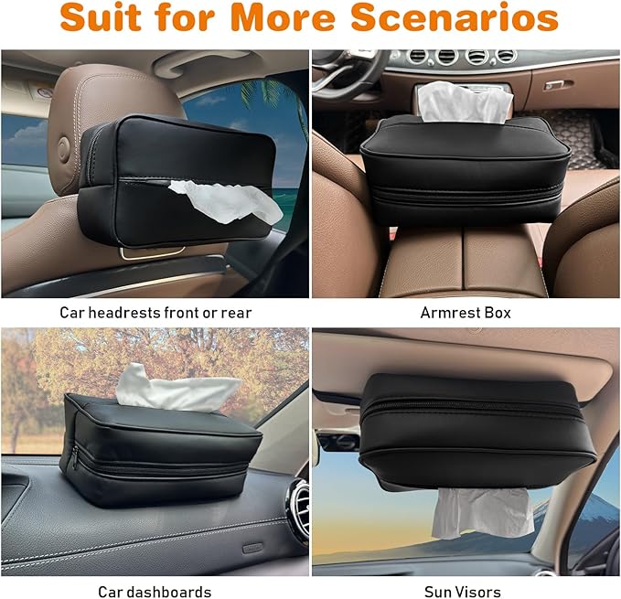 Large Car Tissue Holder for 120 Standard Tissues, Premium PU Leather Tissue Holder in Car Backseat Rectangular, Napkin Holder for Car Fits for Kleenex Tissues Box Daily Use Black (2, Black)