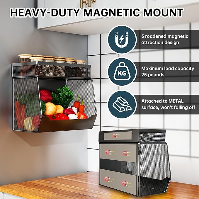 Magnetic Shelf for Fridge 2-Tier Baskets - Fruit Potato Onion and Vegetable Storage Bins, Magnetic Spice Rack For Refrigerator, Heavy Duty Fridge Organizer For Refrigerator, Kitchen Counter, Cabinet
