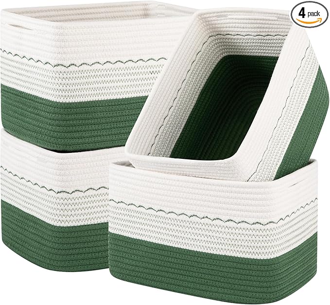 4 Pack Storage Baskets for Organizing, 13"X9"X7.87", Decorative Cotton Rope Baskets for Shelves, Small Woven Basket for Toys, Books and Towels, Green & White