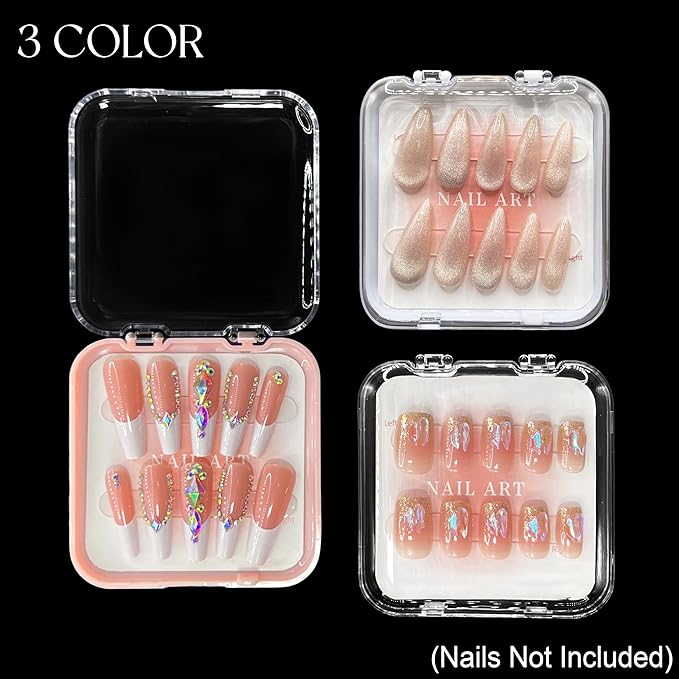 9 Pcs Press On Nail Storage Box in 3 Colors, Acrylic Fake Nail Case with 9 Display Cards and 2 Sheets of Double-Sided Adhesive Tape (20 Strips) for Nail Art Home Salon Packaging Use