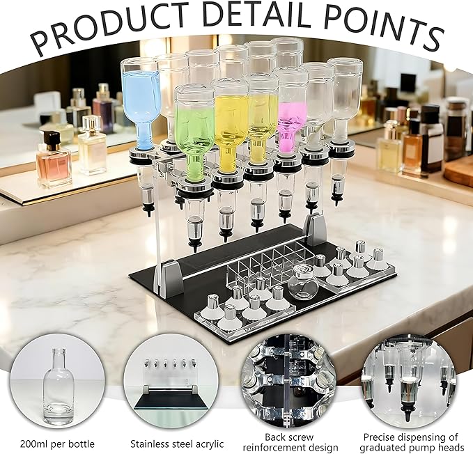 Liquid Filling Machine Transfer Tools, 12 Pump Heads,Testing Cups, 200ml Glass Perfume Bottles, Flow Adjustable, Suitable for Liquid Colognes/Perfume Samples