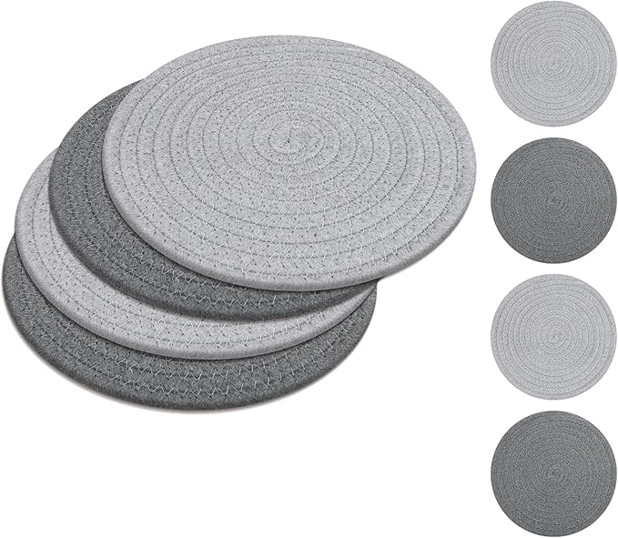 SHACOS 8 Inches Trivets for Hot Dishes, 4 Pieces Heat-Resistant Trivets Mats for Kitchen, Cotton Pot Holders for Hot Pots and Pans, Hot Pads for Countertops and Table, Gray and Light Gray