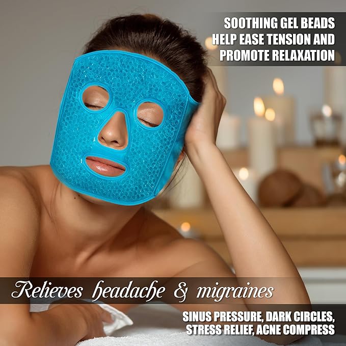 Cold Hot Gel Face Eye Mask - Reduce Puffy Dark Circles Bags Under Eyes Migraines Stress Relief - Heat Ice Therapy Pack Compress - Sinus Pressure Acne Headaches Relaxation (Blue)