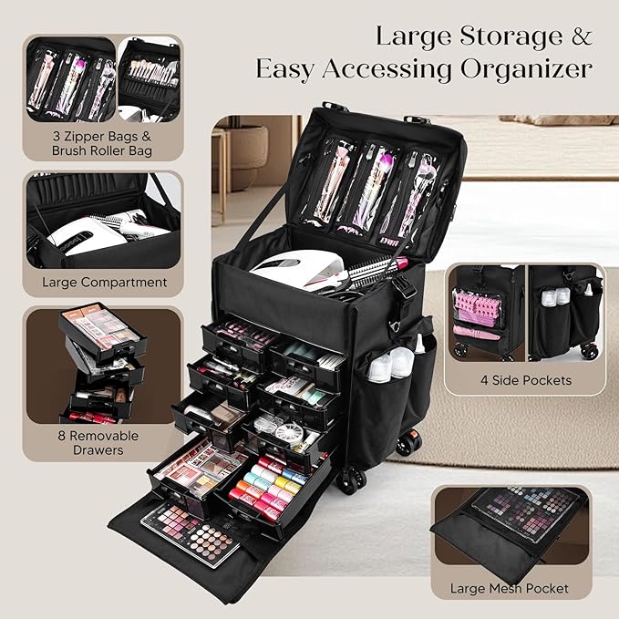 Costravio Travel Makeup Bag, Cosmetology Case on Wheels, 2 IN 1 Hair Tool Organizer, Rolling Nail Organizer Train Case, Large Cosmetic Trolley Suitcase for MUA/Hairstyling/Home-care/Groomer, Black