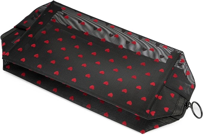 Portable Mesh Makeup Bag with Zipper Small Travel Toiletry Bag Lightweight Cosmetic Pouch (Black Square Red Heart)