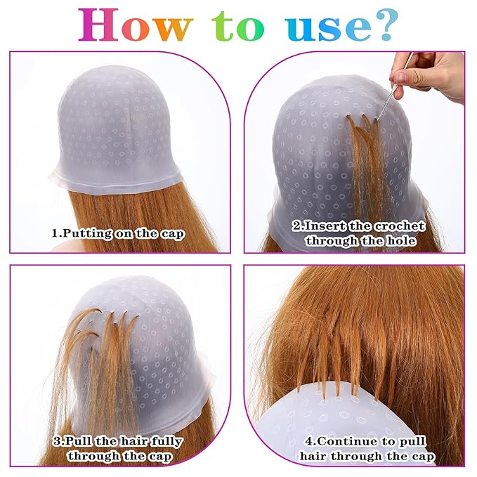 Sibba Silicone Hair Coloring Highlighting Cap with Crochet Hook Reusable Poked Hole Highlight Pull Through Caps Dye Tipping Frosting Cap for Women Men Dyeing Staining Hairdressing Hair Salon Tools