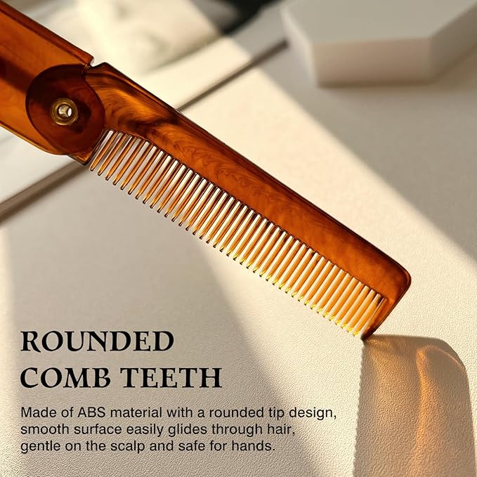 Men's Handmade Folding Pocket Comb, 6.69-Inch Amber Finish, Fine Tooth Comb for Hair, Beard, and Mustache Grooming
