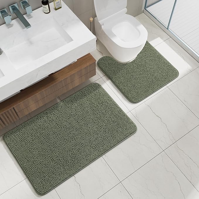 AROGAN Bathroom Rug Sets 2 Piece, 20"x20" U-Shaped Toilet Mat and 21"×34" Bath Mats Floor Set, Washable Bath Rug Set, Absorbent Soft Non Slip Bathroom Rug, Sage Green
