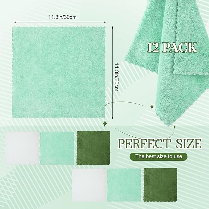 Syhood 12 Pieces Face Wash Cloth 12 x 12 in Makeup Remover Cloths Towel Coral Velvet Facial Microfiber Soft Fast Drying Facial Cleansing Towel for Face (Green Series)