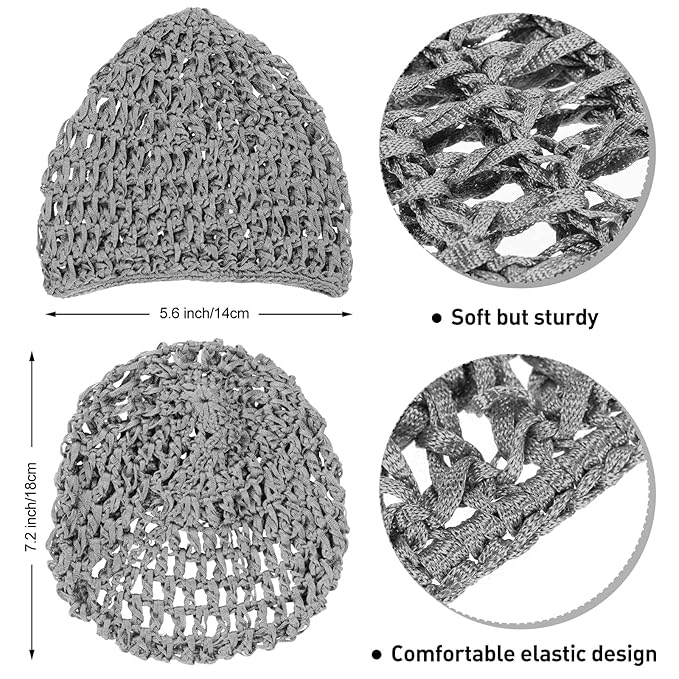 Geyoga 4 Pieces Mesh Crochet Hair Net Rayon Knit Snood Hat Thick Short Women Hairnet Snoods Cover Ornament for Sleeping (Black, Gray)