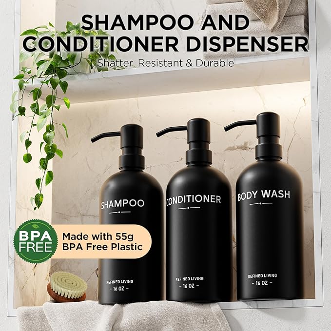 Shampoo and Conditioner Dispenser Set,3 Refillable 16oz Bottles with Stainless Steel Pumps – Shower Soap Dispensers for Bathroom, Hotel or Airbnb (Black, 3-Pack)