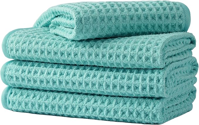 Microfiber Waffle Face Towels, 4 Pieces, Soft, Absorbent, Fast Drying, Lint Free 430 GSM (Turquoise)