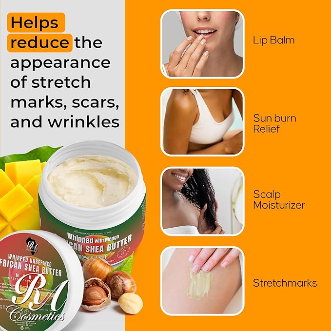 RA COSMETICS Whipped Shea Butter with Mango Extract – 100% Unrefined Shea Body Butter from Ghana – Moisturizes Skin, Nourishes & Conditions Hair, Scalp – Softens and Smooths Lips, Hands & Feet – 12oz