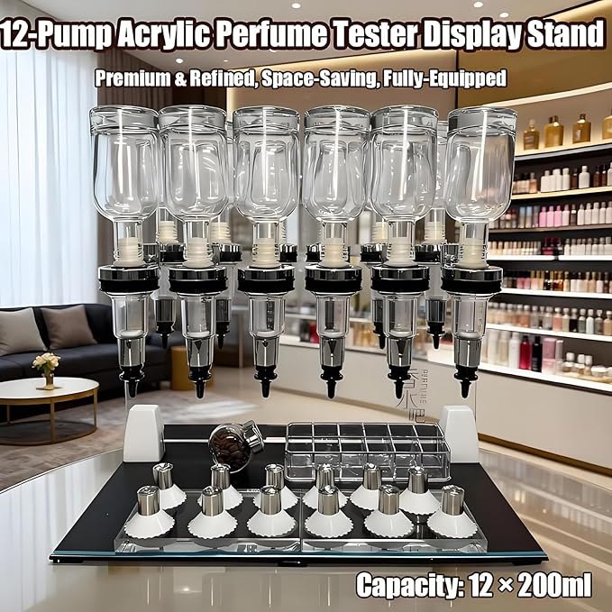 Professional Manual Perfume Dispenser, Liquid Filling Machine Transfer Tools,Manual Dispenser Set, Adjustable Pump Heads & Testing Cups for Shops & Lab & Bars(12Heads)