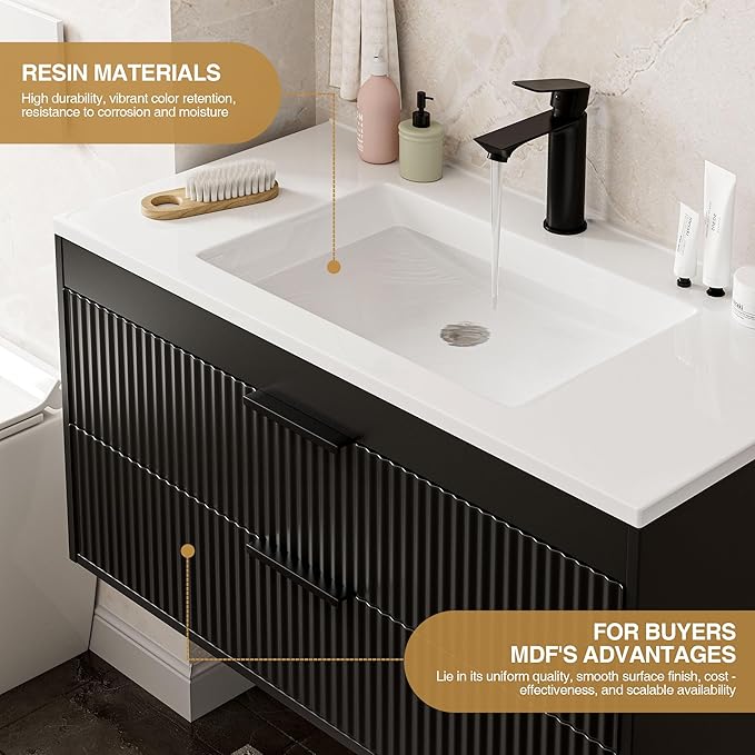 36 Inches Modern MDF Bathroom Vanity with Sink, Wall Mounted Floating Cabinets w/Double Drawers, Black Handles, White Resin Sink Combo Set (Black, 36")