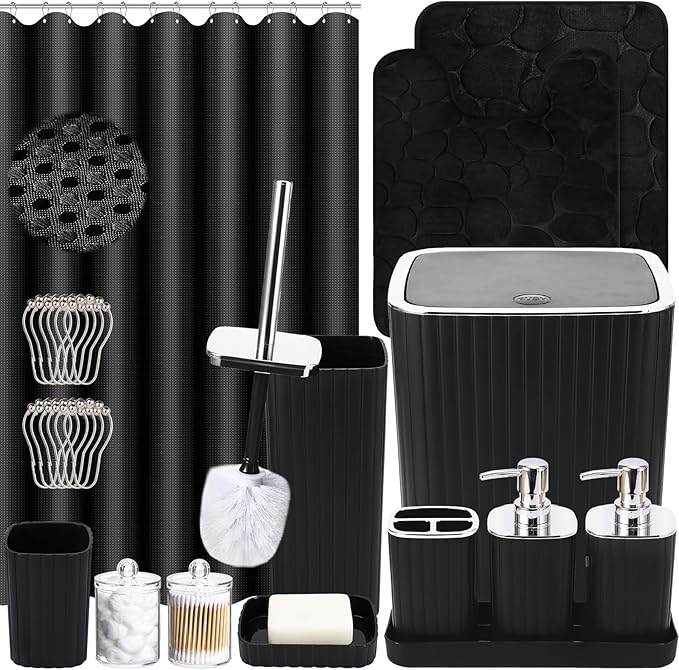 Bathroom Set with Shower Curtain and Rugs- 25PC Bathroom Accessory Set, Black Bathroom Set, Toilet Brush, Trash Can, Qtip Holder & Soap Dispenser
