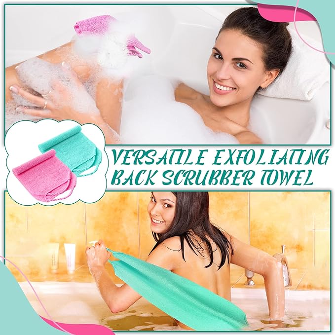 Back Scrubber for Shower Exfoliating Washcloth Back Cloth Body Extended Length Scrubber Towel Nylon Exfoliating Stretchable Pull Strap Wash Cloth for Bath Body Scrub Washcloth 2 Pack (Pink,Mint)