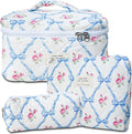 3Pcs Cotton Quilted Makeup Bag Large Travel Cosmetic Bag Coquette Makeup Pouch Cute Aesthetic Floral Toiletry Bag for Women Girls (flower-Q)