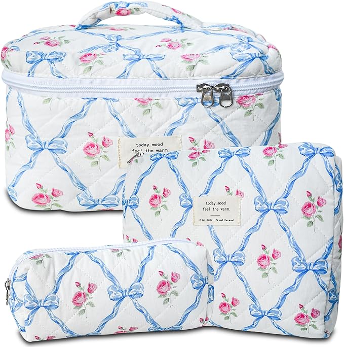 3Pcs Cotton Quilted Makeup Bag Large Travel Cosmetic Bag Coquette Makeup Pouch Cute Aesthetic Floral Toiletry Bag for Women Girls (flower-Q)