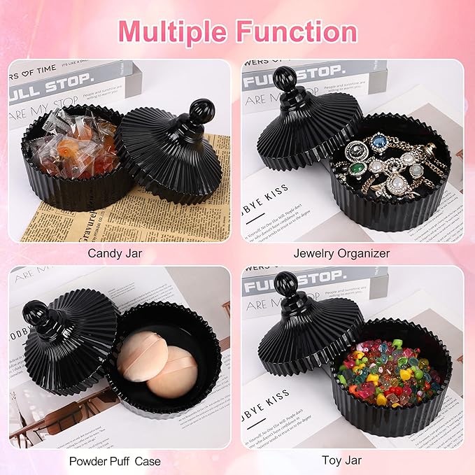 Extra Large Body Powder Puff and Container Set Crystal Powder Container with 3 Soft Velour Power Puffs for Women Baby Face Body Washable Reusable Wet Dry Makeup Mother's Day Gifts (Black)
