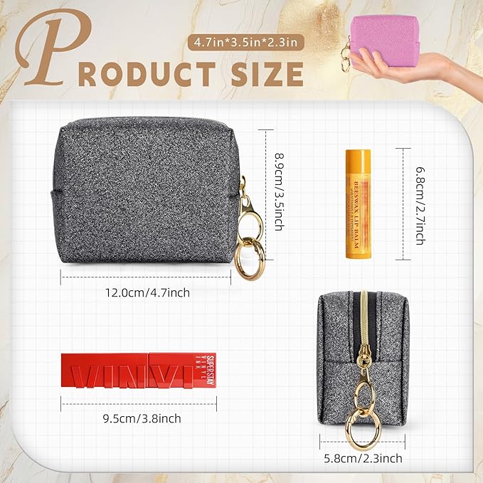 Mini Makeup Bag, Small Glitter Cosmetic Bag for Purse with Ring Buckle, Portable XS Travel Makeup Pouch for Girls Women Daily Use (Black)