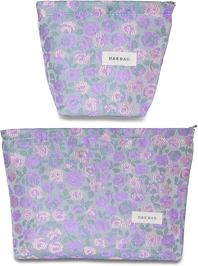 2 Pcs Makeup Bags for Purse, Large Cute Cosmetic Bag Travel Toiletry Bag Organizer for Women, Embroidery Craft Floral Makeup Bag Small Cosmetic Pouch Purse with Zipper (Purple and Pink Flower)