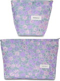 2 Pcs Makeup Bags for Purse, Large Cute Cosmetic Bag Travel Toiletry Bag Organizer for Women, Embroidery Craft Floral Makeup Bag Small Cosmetic Pouch Purse with Zipper (Purple and Pink Flower)