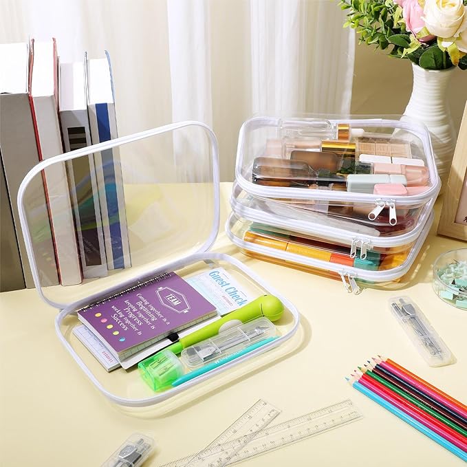 Hoolerry 4 Pcs Hard Clear Zipper Case Makeup Bags Plastic Zipper Pouch Transparent Storage Box Containers for Cosmetics, Snacks, Building Blocks, Puzzles(Clear,9.8 x 7.9 x 2 in,White)