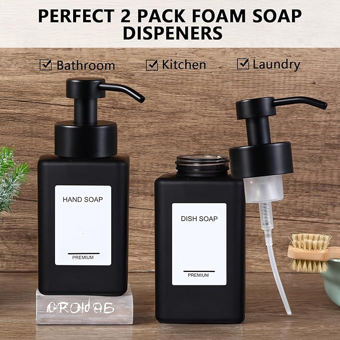 Black Foaming Hand Soap Dispenser 2 Pack,12oz/350ml Glass Foaming Soap Dispenser Set with Stainless Steel Pump, Square Refillable Foam Pump Bottles for Bathroom&Kitchen,Includes 6 Labels