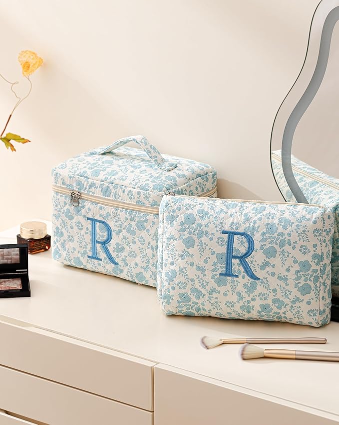 HBselect 2Pcs Initial Quilted Cotton Large Travel Cute Floral Coquette Makeup Cosmetic Toiletry Bag for Women Girls